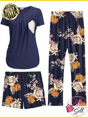 Maternity Nursing Pajama Set 3 Piece Postpartum Breastfeeding Pjs